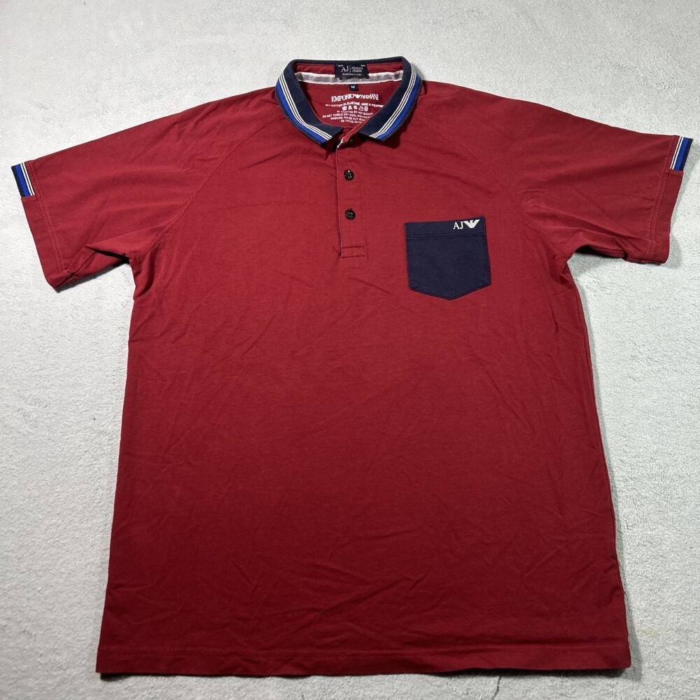 Emporio Armani Polo Shirt Mens Medium Burgundy Red Eagle Logo Striped Collar